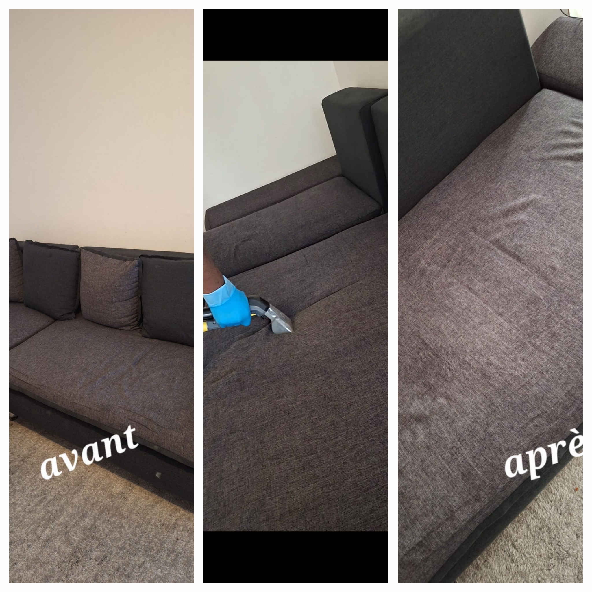 Nettoyage réel d'un canapé gris
