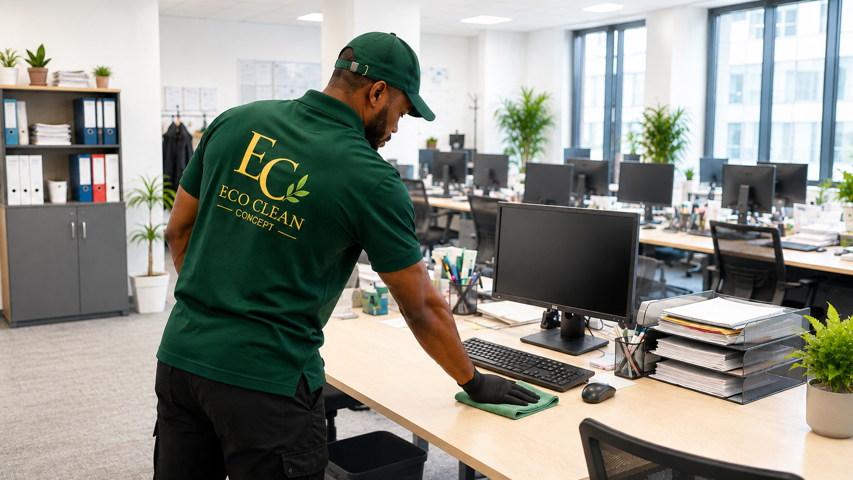 Agent Eco Clean Concept en intervention de nettoyage dans des bureaux professionnels